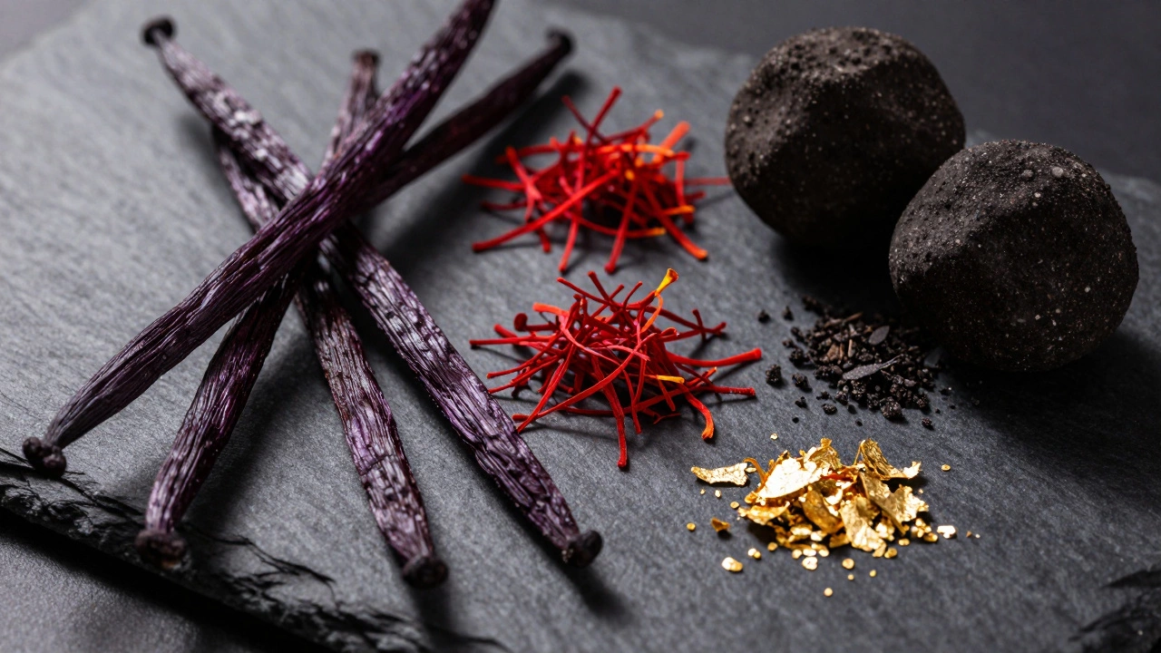 Vanilla beans, saffron, gold leaf, and truffles on a dark surface.