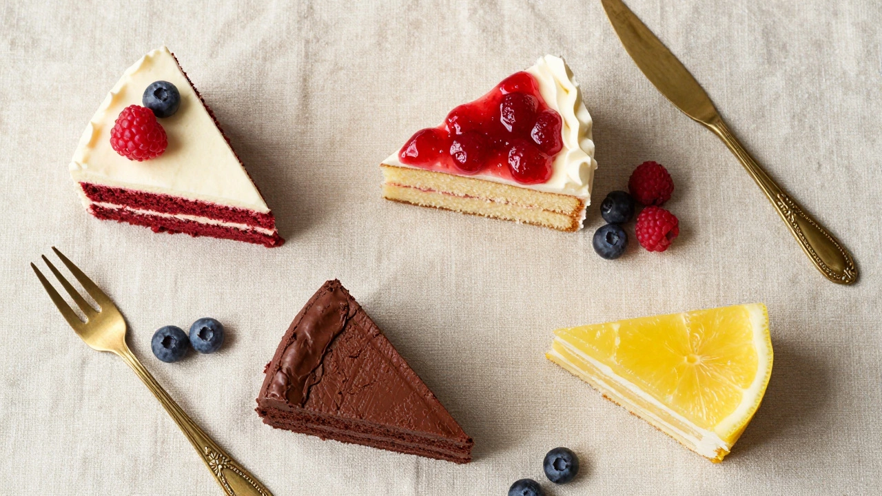 Assorted cake slices including red velvet and vanilla