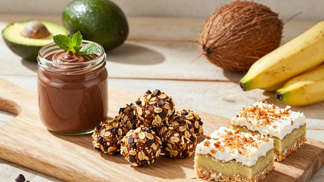 Avocado mousse, energy bites, and coconut pie bars on wood