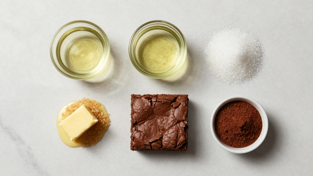Butter, oil, and sugars arranged on marble for making moist brownies