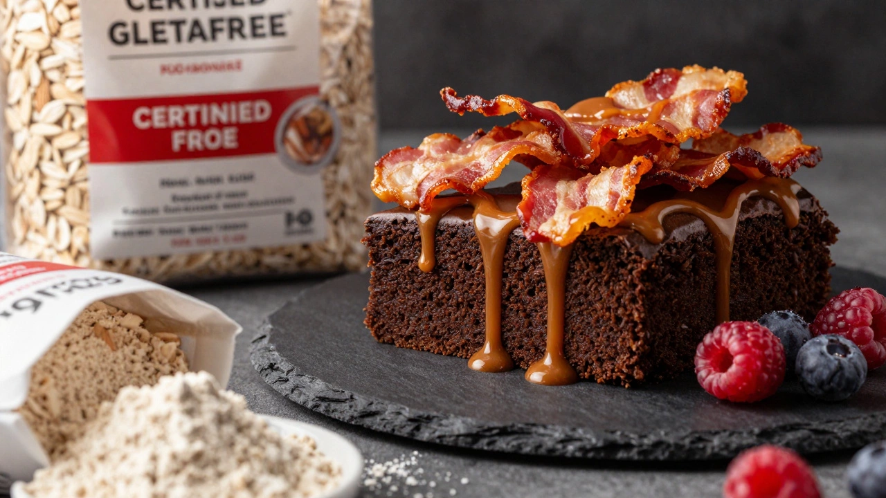 Chocolate cake topped with candied bacon and gluten-free baking ingredients