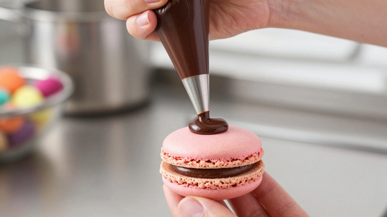 Close-up of a pastry chef filling a delicate pink macaron shell with chocolate ganache.