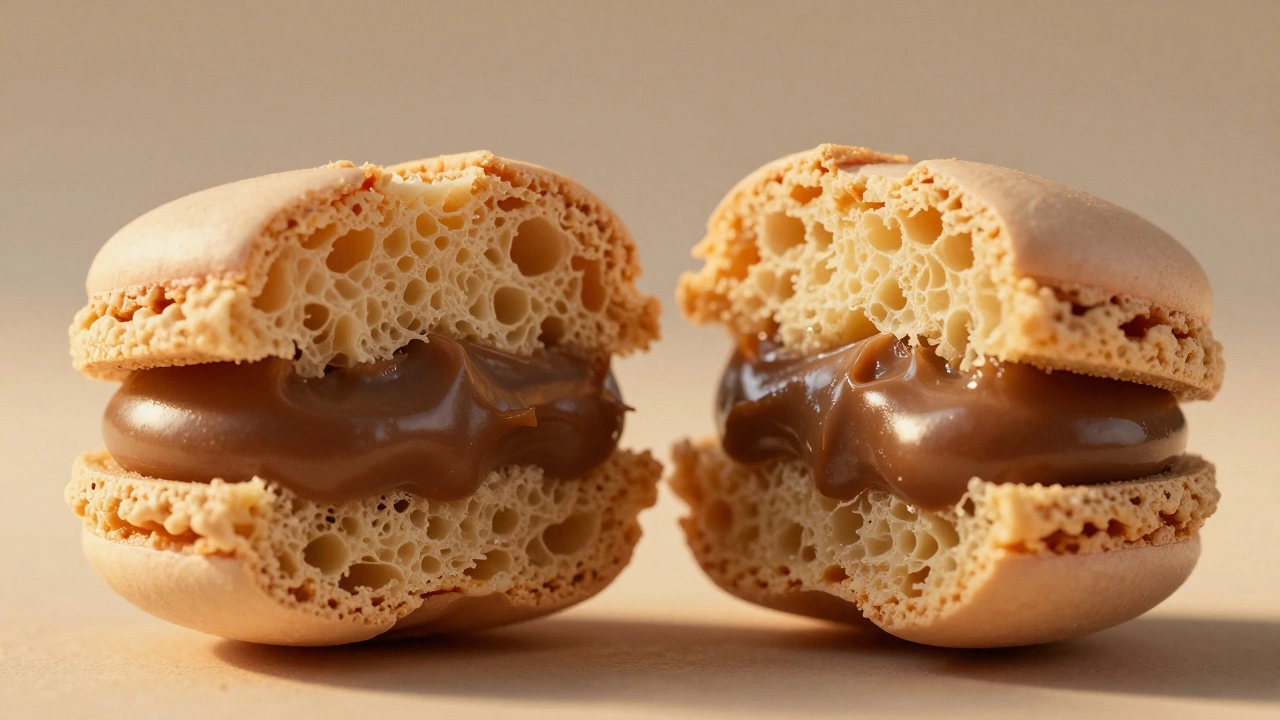 Cross-section of a macaron showing crisp shell, chewy center, and filling