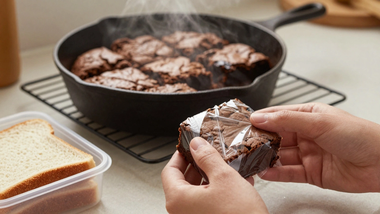Fresh brownies cooling in a skillet with one wrapped in plastic