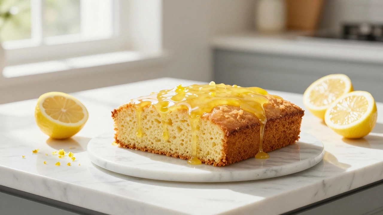 Fresh lemon drizzle cake with sunny glaze
