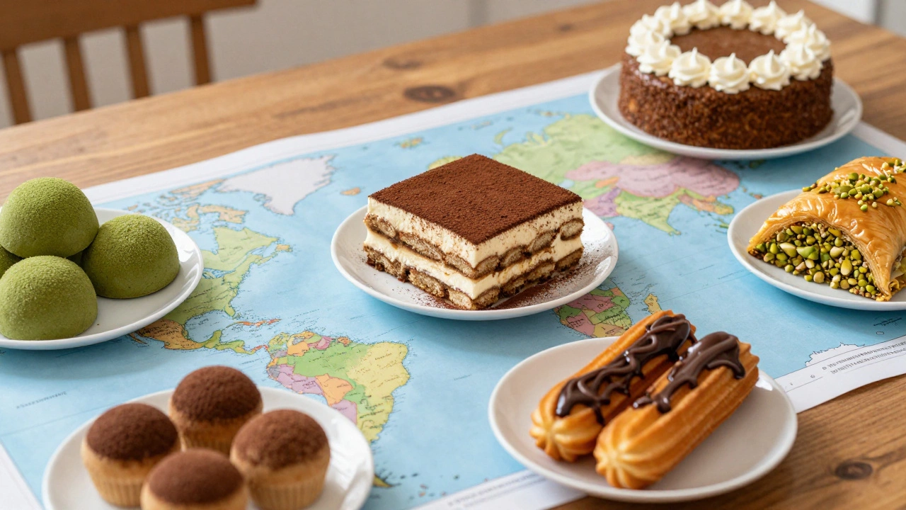 Global desserts including tiramisu, mochi, kunafa, and churros arranged on a table