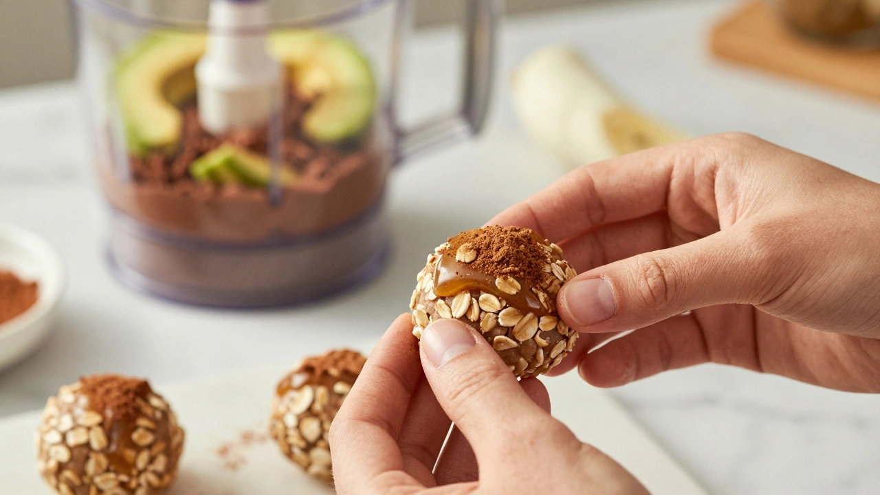 Hands rolling banana oat energy bites in a bright kitchen