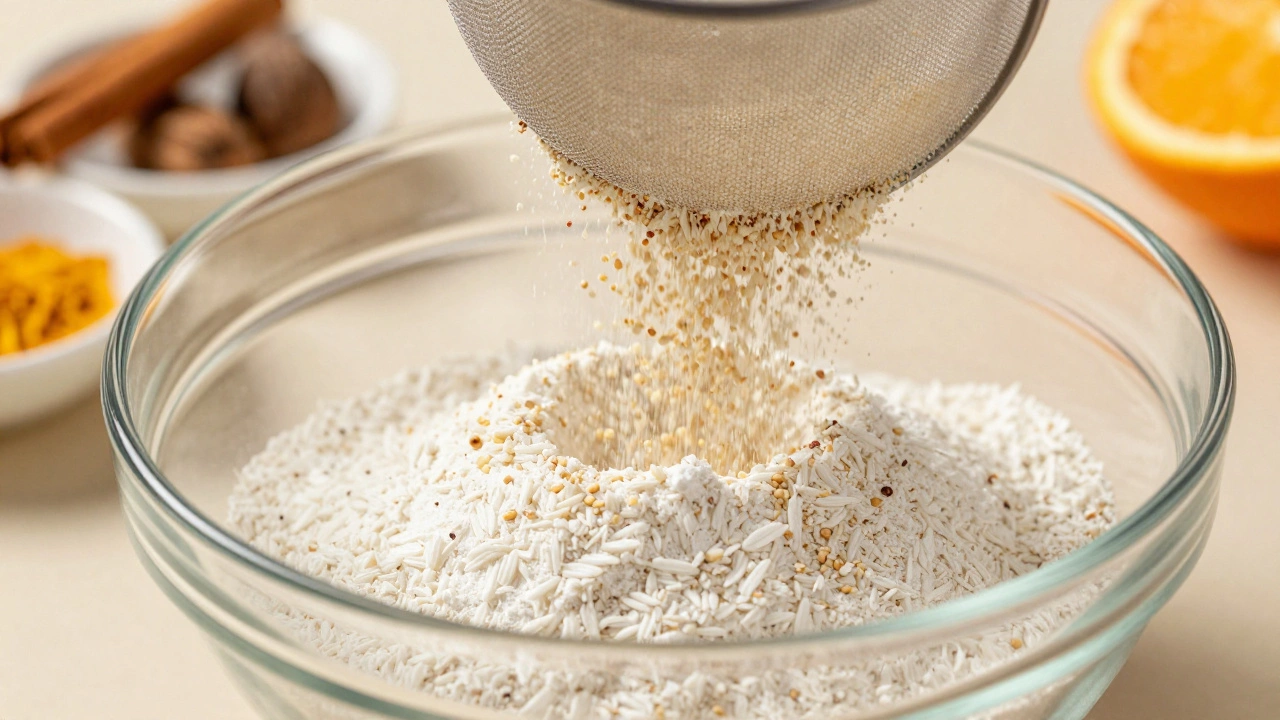 Lentil flour sifting into a bowl with spices and rice flour nearby