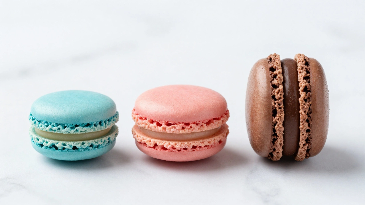 Mini, standard, and large macarons displayed side-by-side for size comparison