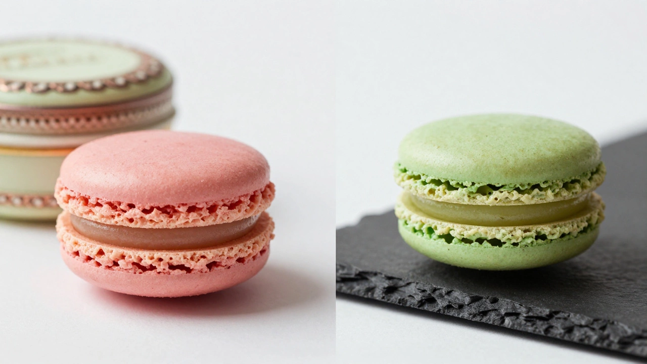 Side-by-side comparison of traditional pastel and modern colorful gourmet macarons.