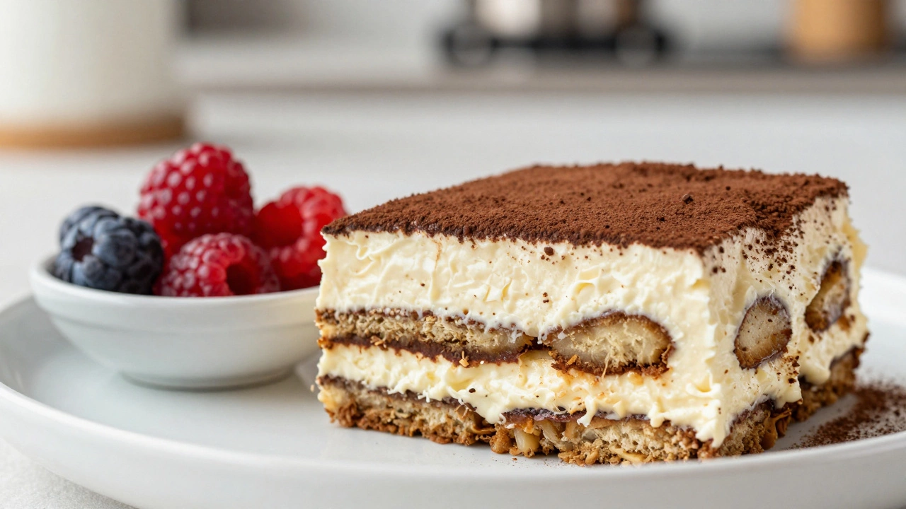 Slice of vegan cashew-cream tiramisu served with fresh berries on a plate