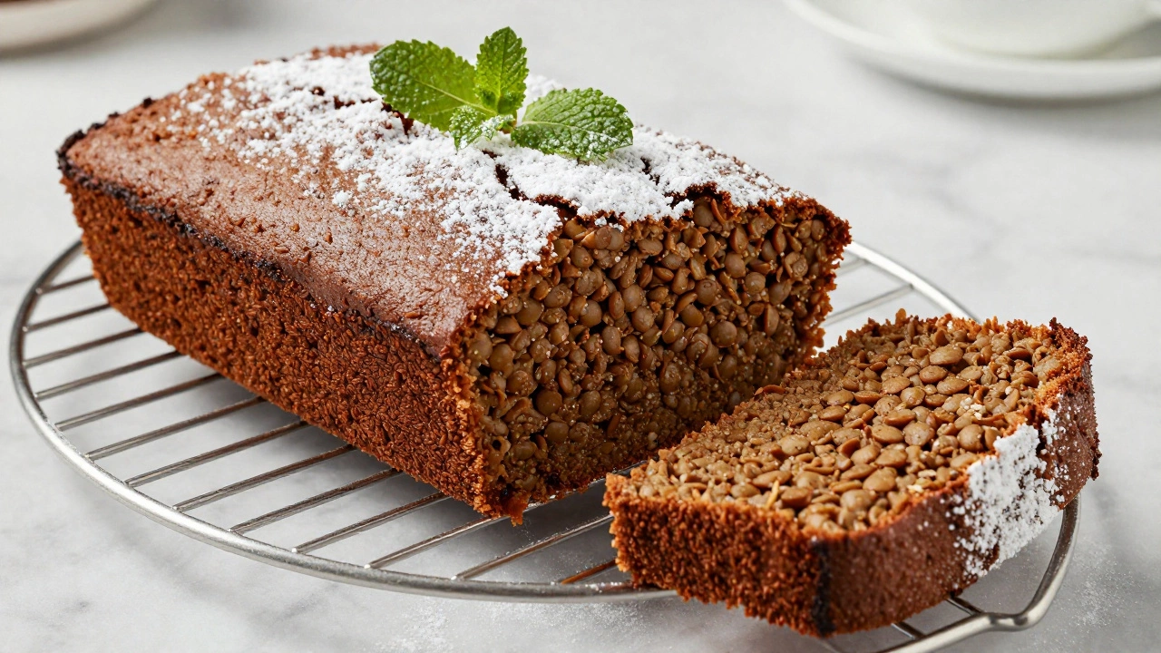 Sliced spiced lentil loaf cake on a cooling rack with garnish