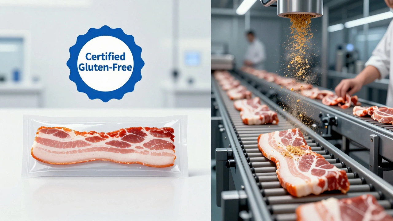 Split image contrasting safe gluten-free certification with factory cross-contamination