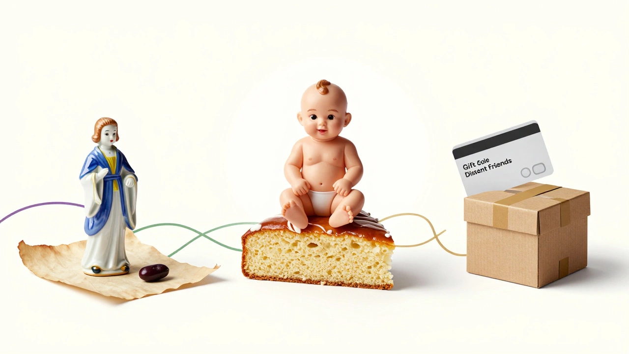 Artistic display of King Cake traditions from beans to modern gifts