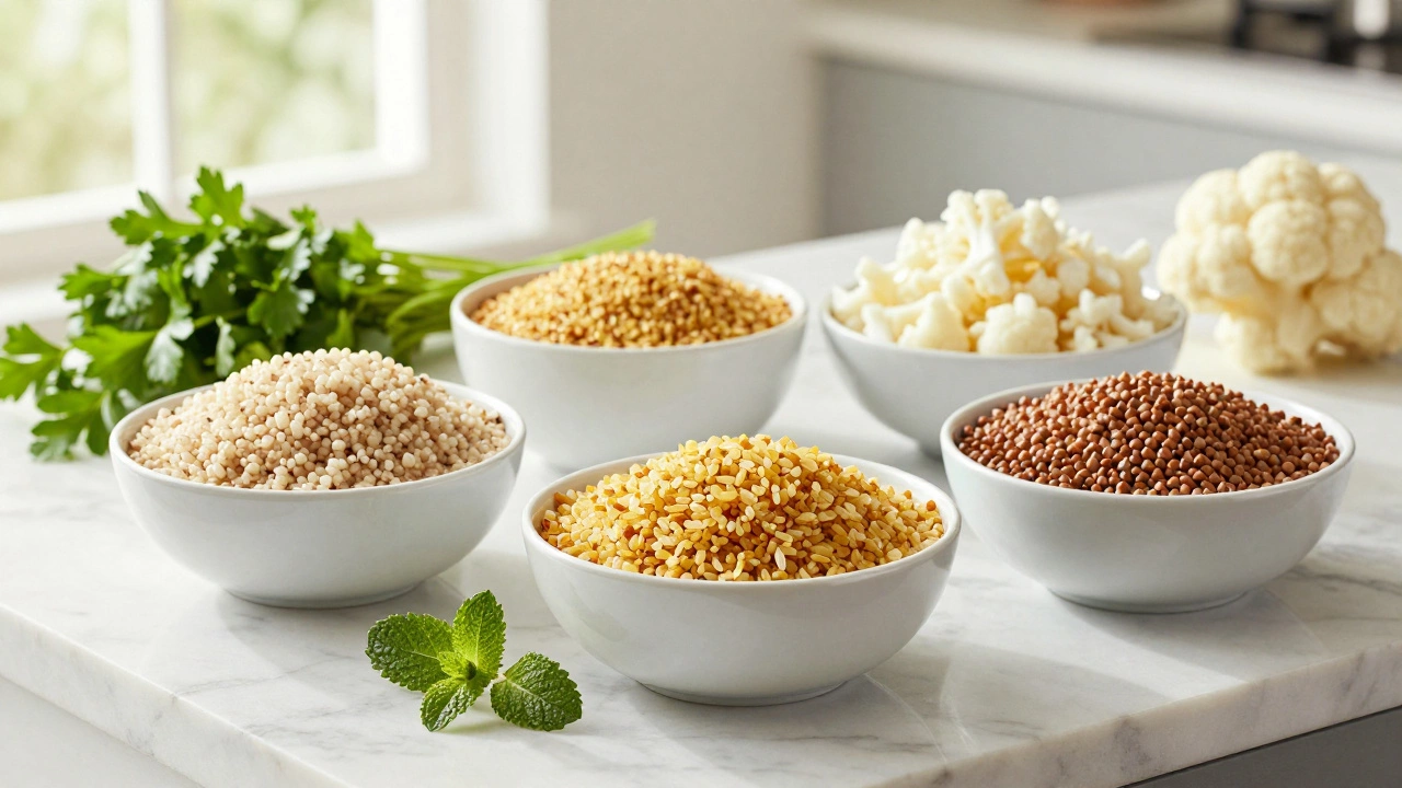 Bowls of gluten-free grains like quinoa and millet with fresh herbs