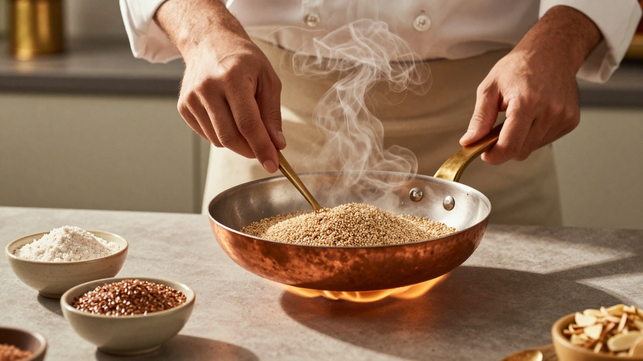 Chef toasting quinoa in a pan with binding agents nearby