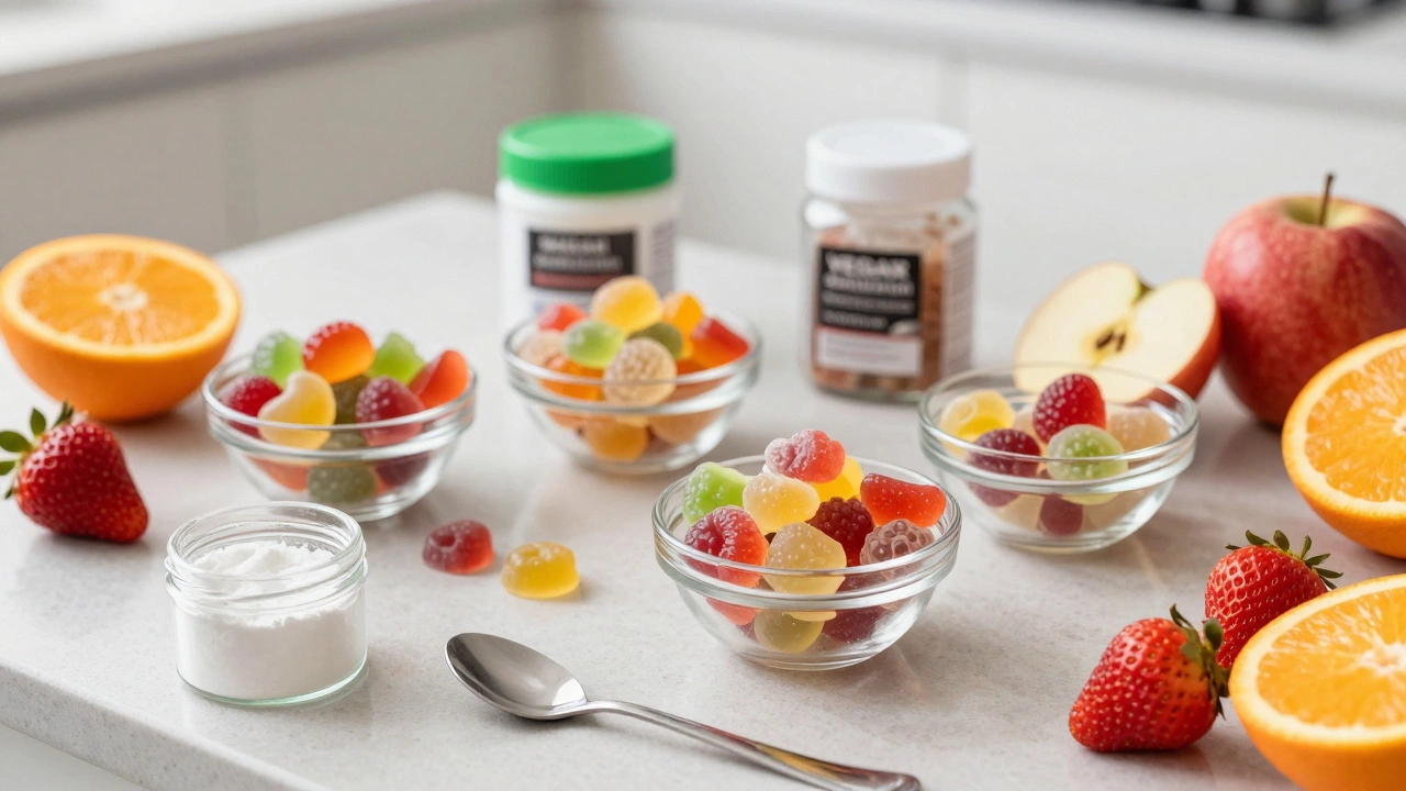 Colorful vegan gummy candies arranged with fresh fruits and pectin powder