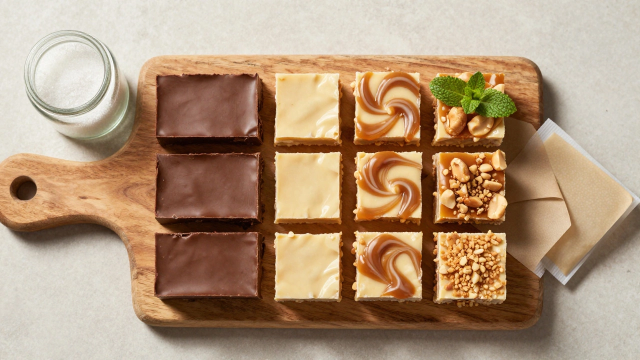Cut squares of homemade fudge on a wooden board