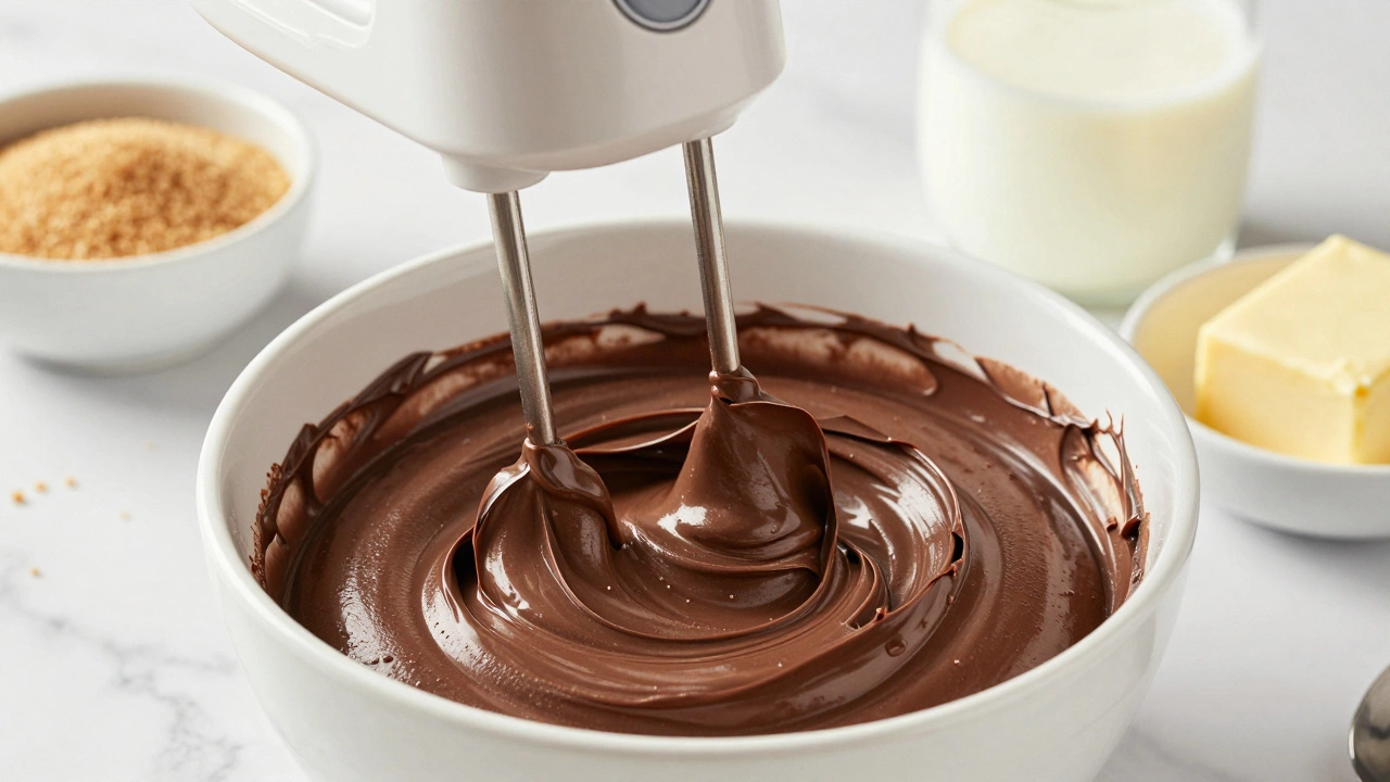 Electric mixer beating creamy chocolate fudge in a bowl