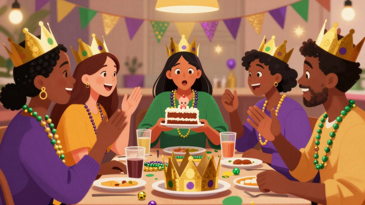 Friends celebrating at a table with King Cake slices and paper crowns