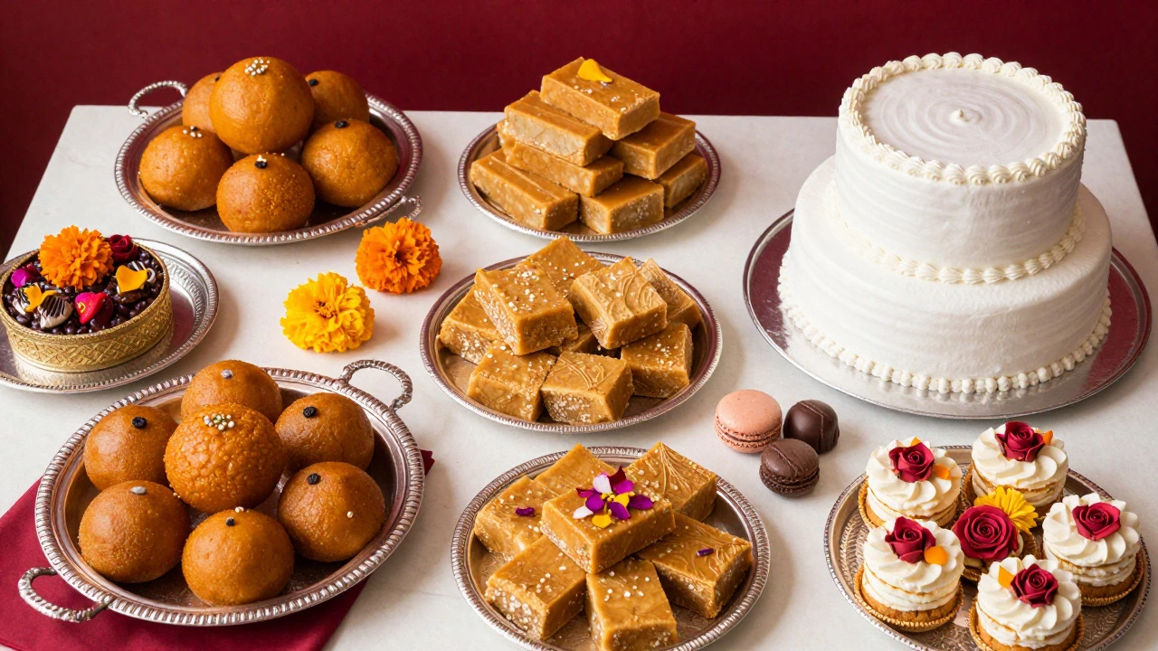 Indian wedding dessert table with traditional sweets and mini cakes
