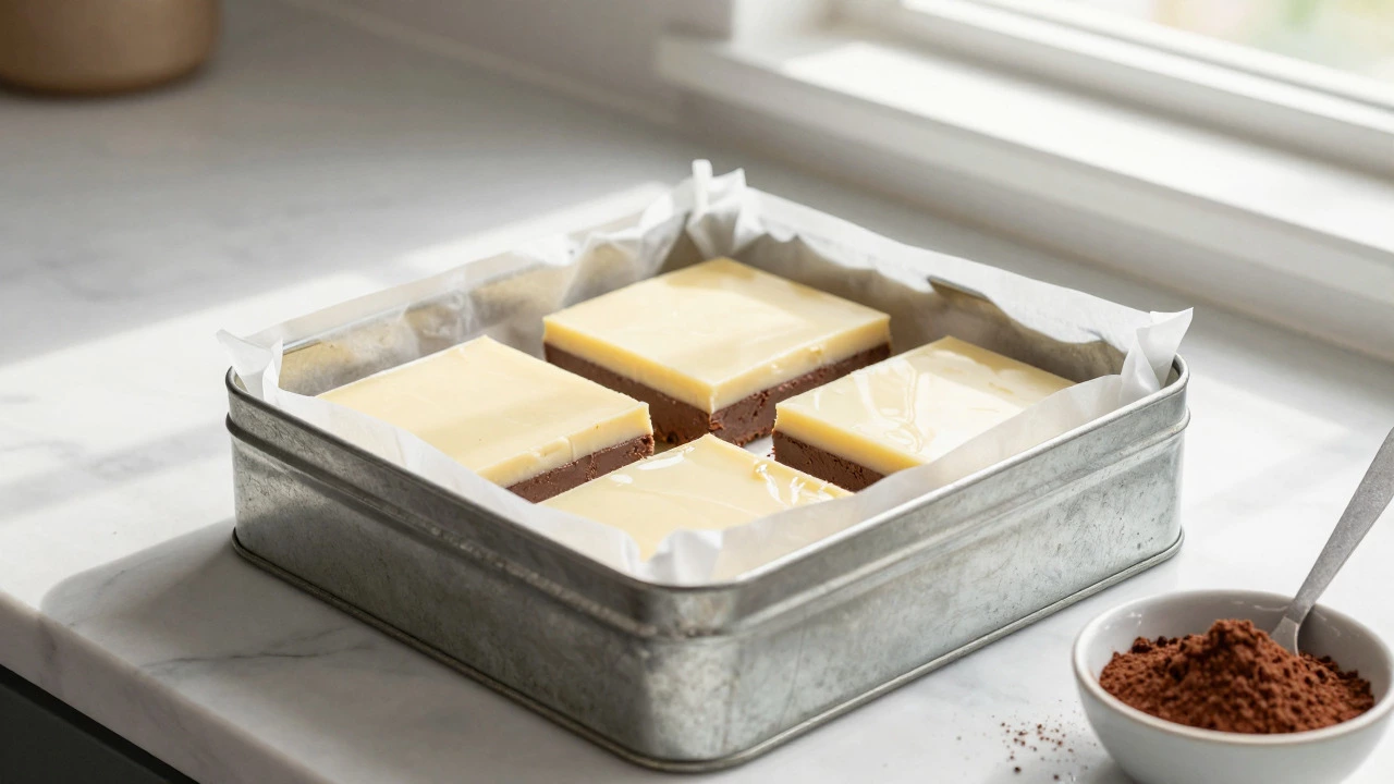 Layers of fudge separated by wax paper inside an airtight metal tin box