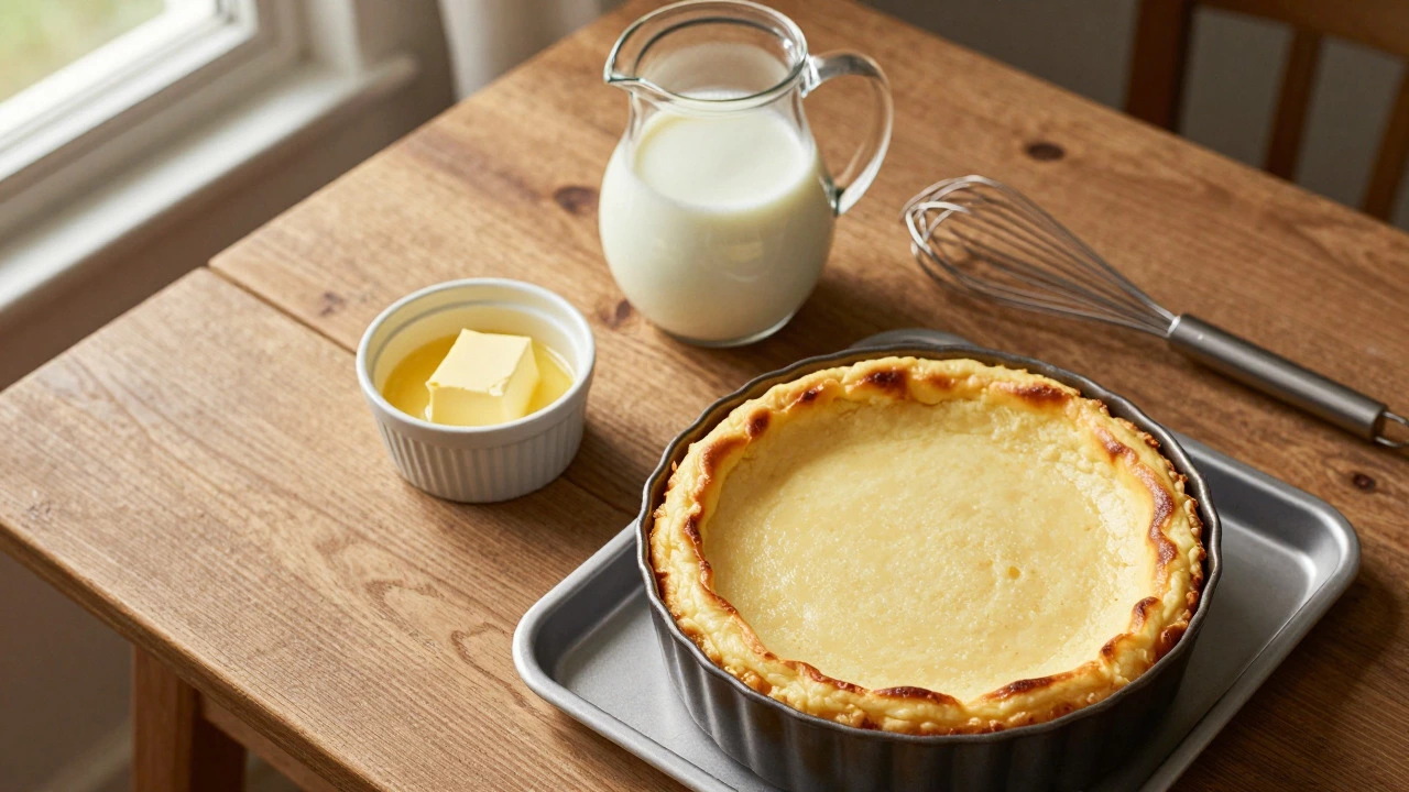 Melted butter and half-and-half beside a baked cheesecake