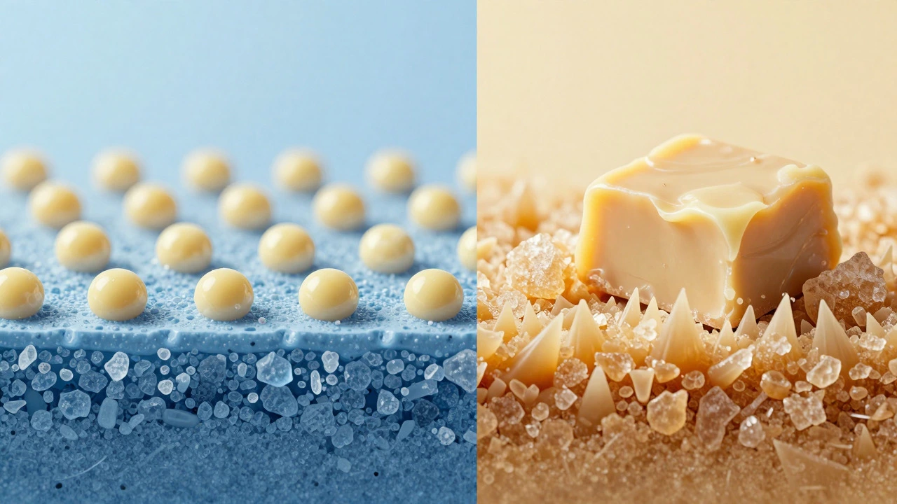 Microscopic view contrasting smooth sugar crystals with jagged grainy structures