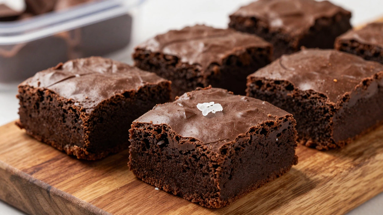 Perfectly cut day-old brownies with sea salt on a wooden board