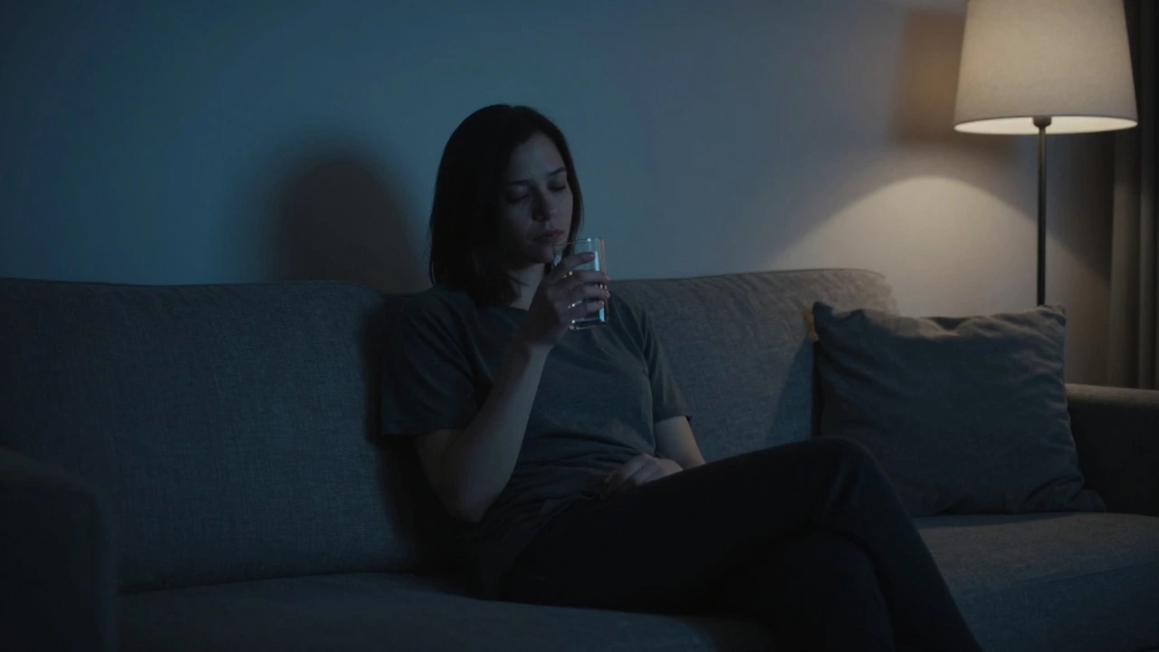 Relaxed person resting on sofa in dimly lit room at night