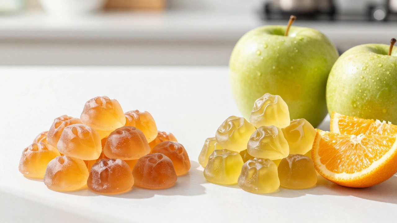 Split view comparing bouncy gelatin gummy with firm pectin gummy and fruit