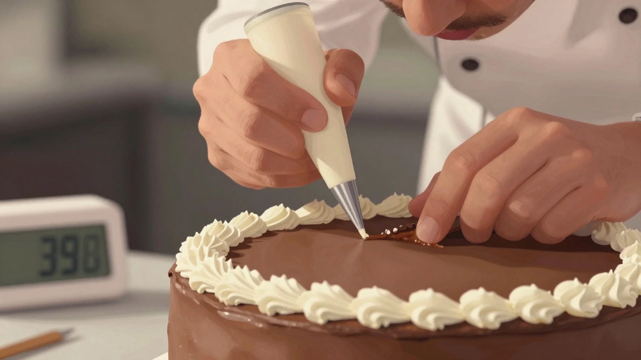 Baker piping icing onto a custom tiered cake in a professional kitchen