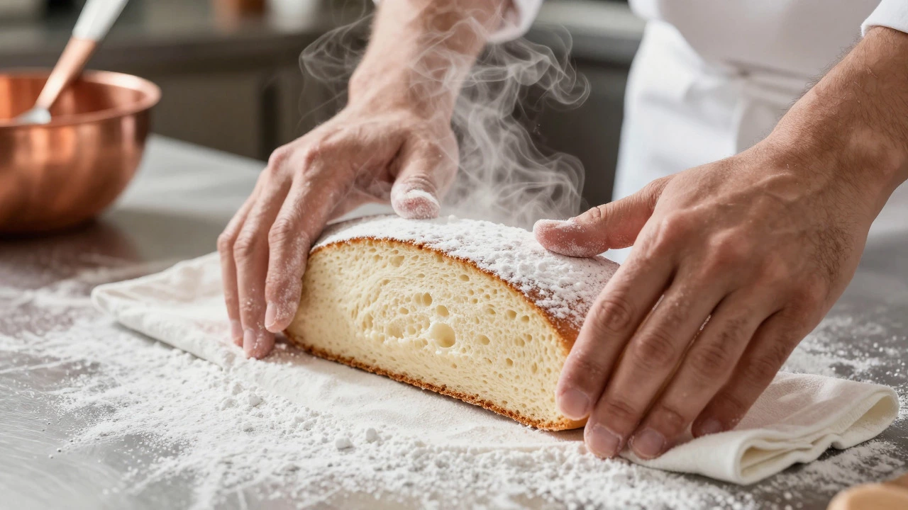 Baker rolling warm sponge cake in powdered sugar-dusted towel