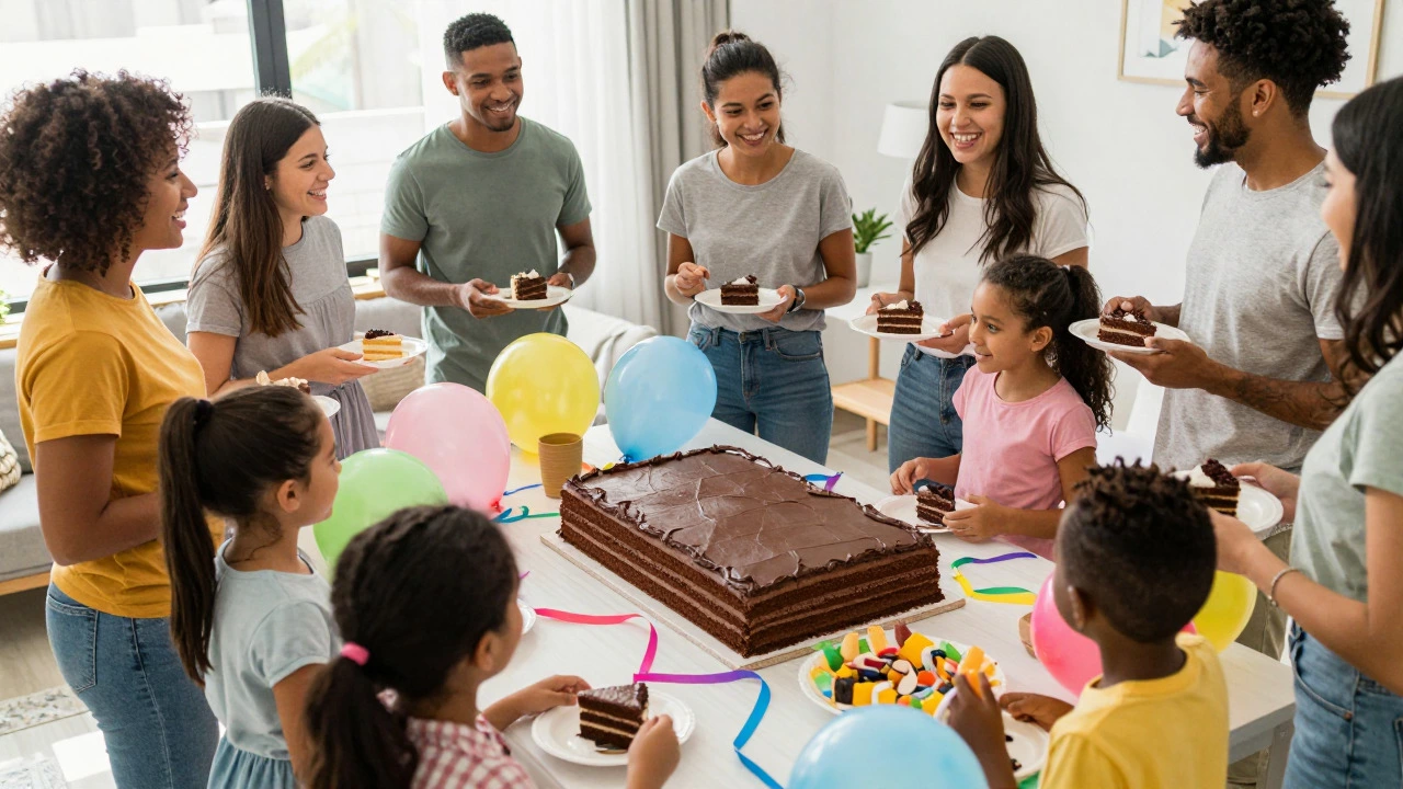 Birthday party guests gathering around a large rectangular chocolate cake on a dining table