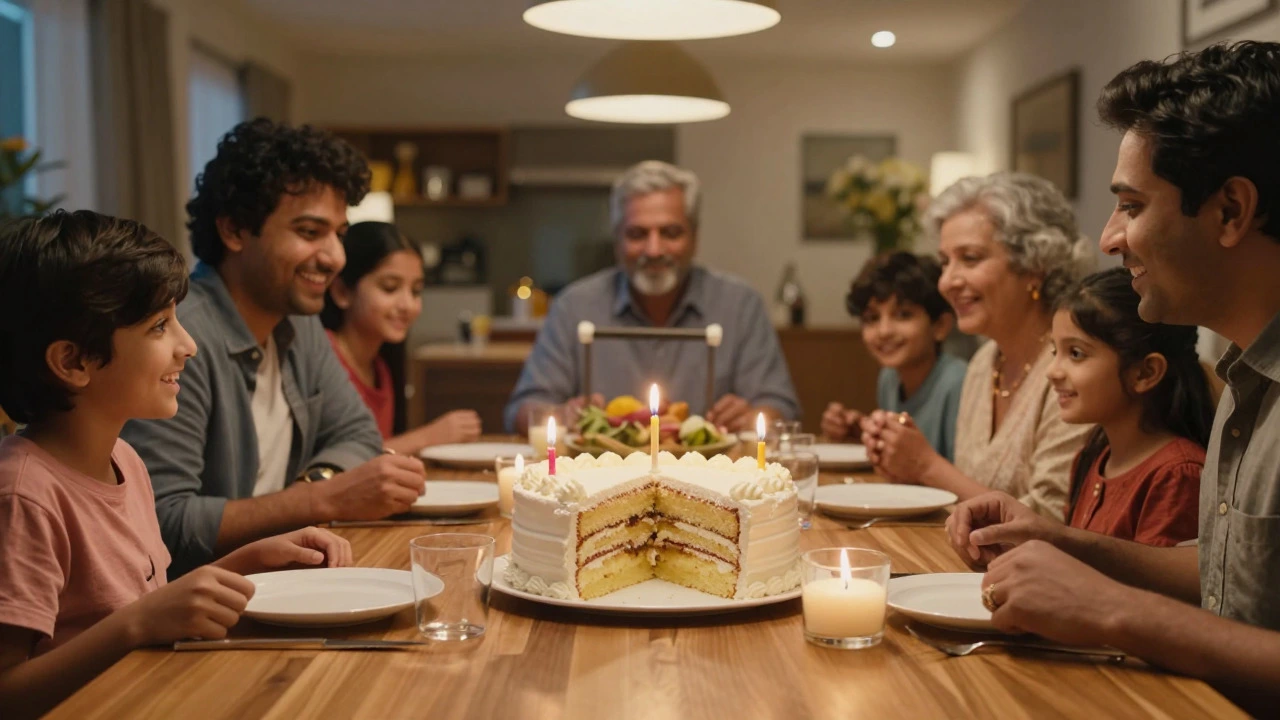 Family celebrating with a large sliced birthday cake at a dining table
