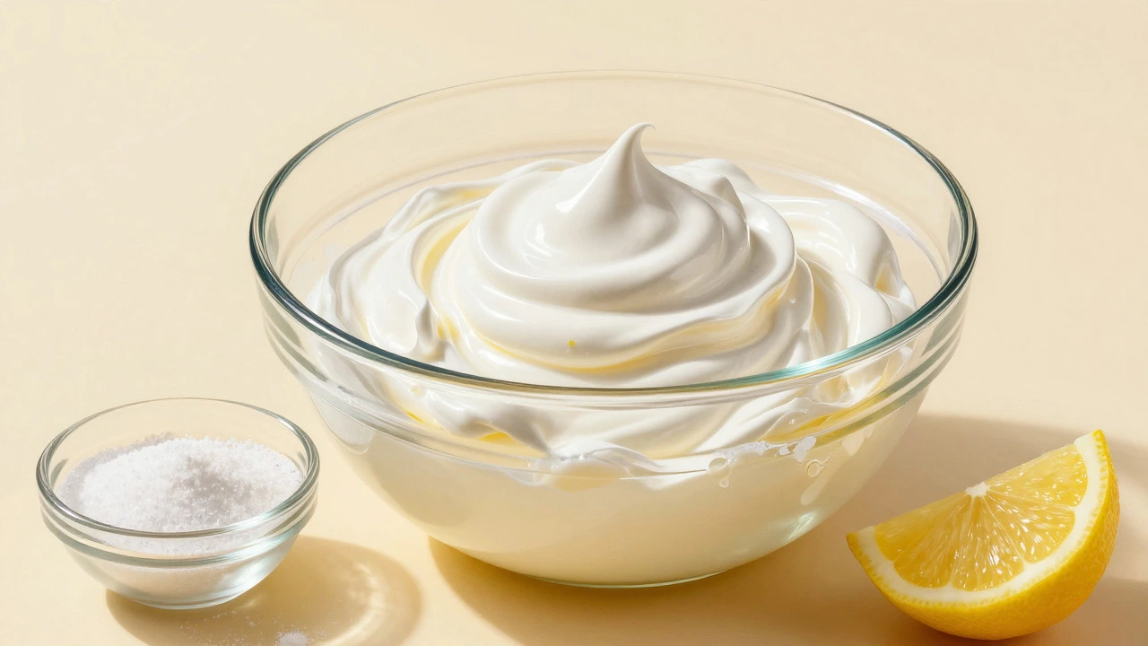 Glossy whipped egg whites in a clean bowl with sugar and lemon