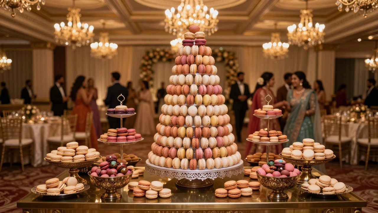 Grand macaron tower centerpiece at a festive wedding dessert table