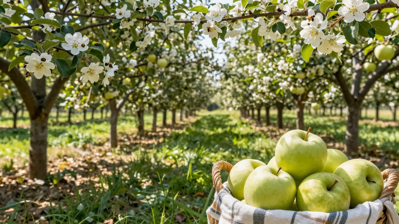 Organic apple orchard with bees pollinating and unwaxed apples in basket