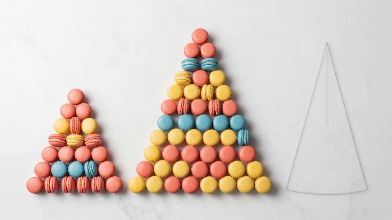 Overhead view of macarons arranged in geometric patterns for stacking