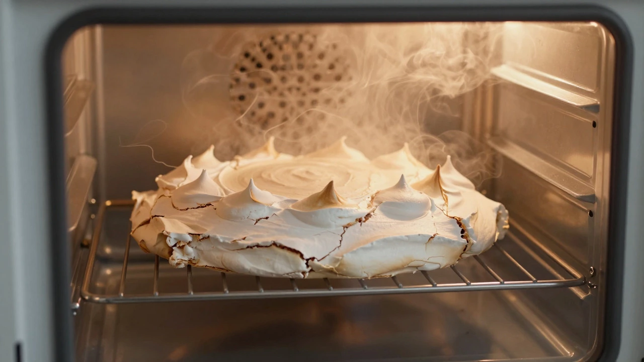 Pavlova cooling inside an oven with the door slightly ajar