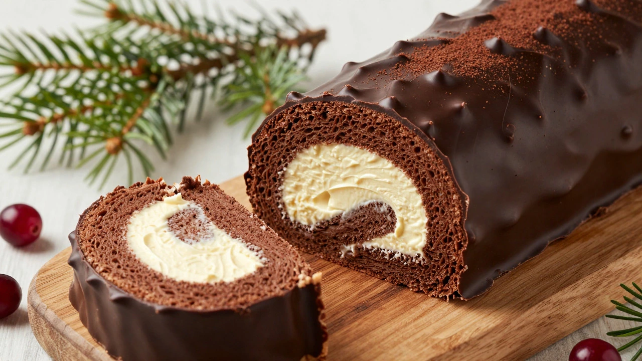 Sliced Bûche de Noël showing sponge and buttercream layers
