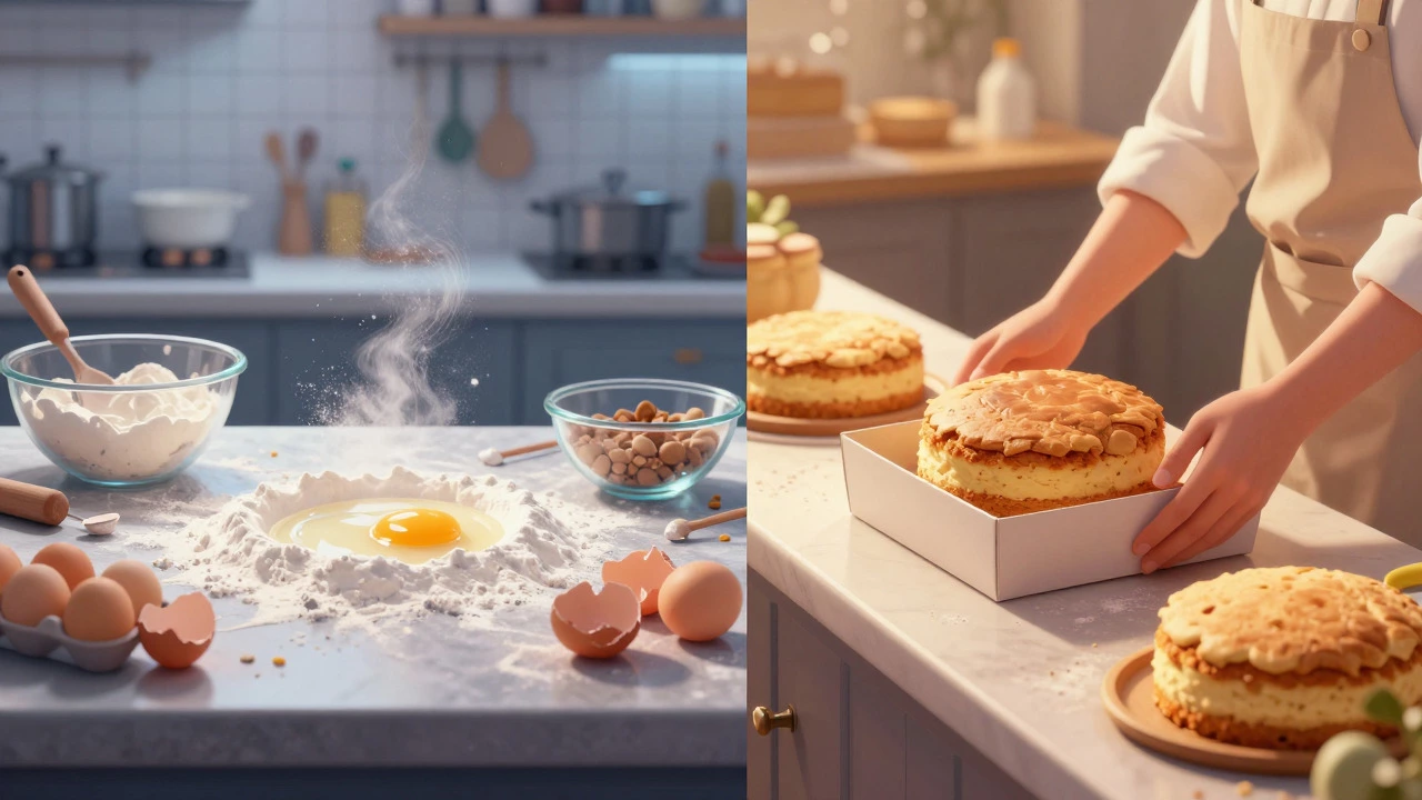 Split view of messy homemade baking vs clean bakery service