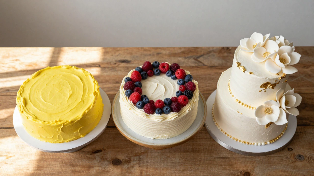 Three birthday cakes showing different quality and price tiers