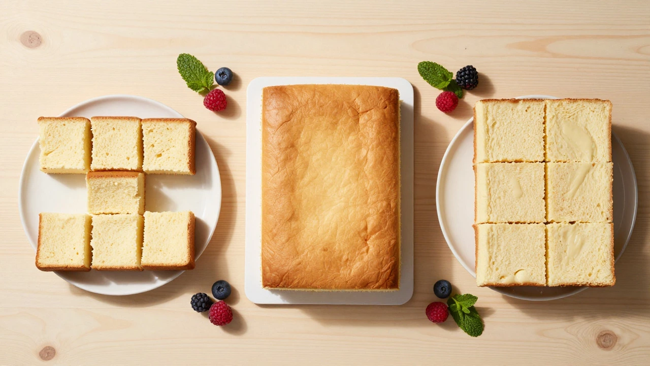 Top-down view comparing small party cuts and larger dinner party slices of a rectangular cake