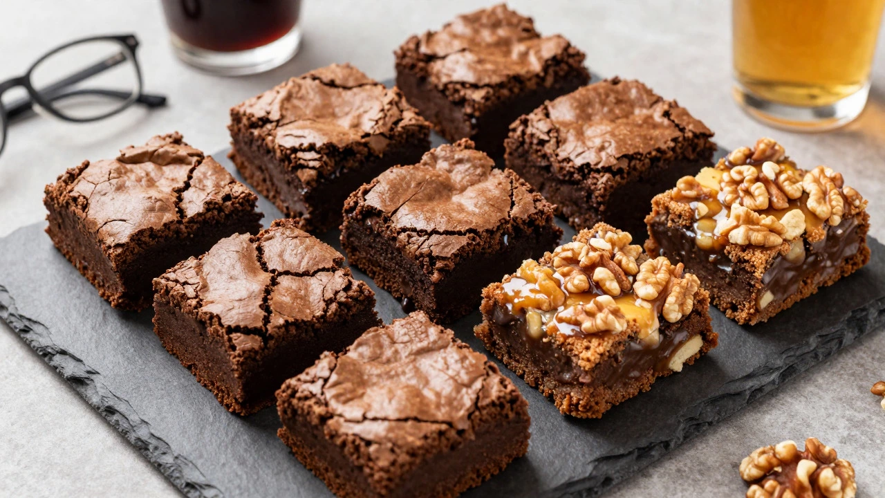 Tray of thick-cut brownies and blondies served on a slate platter