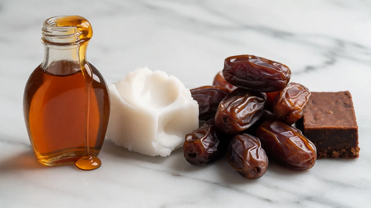 Agave syrup, coconut oil, and dates beside a vegan brownie