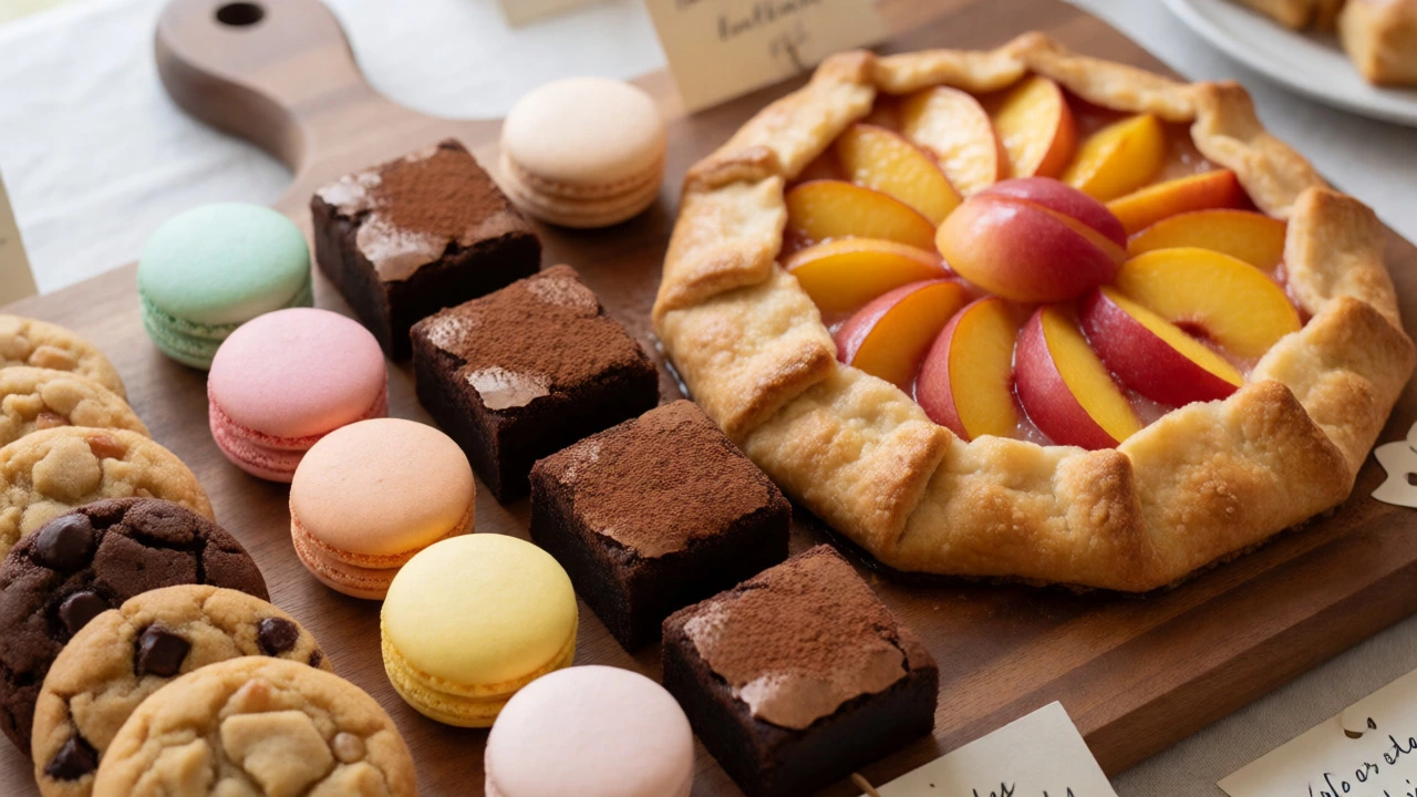 Birthday table with macarons, brownies, and a peach galette instead of cake