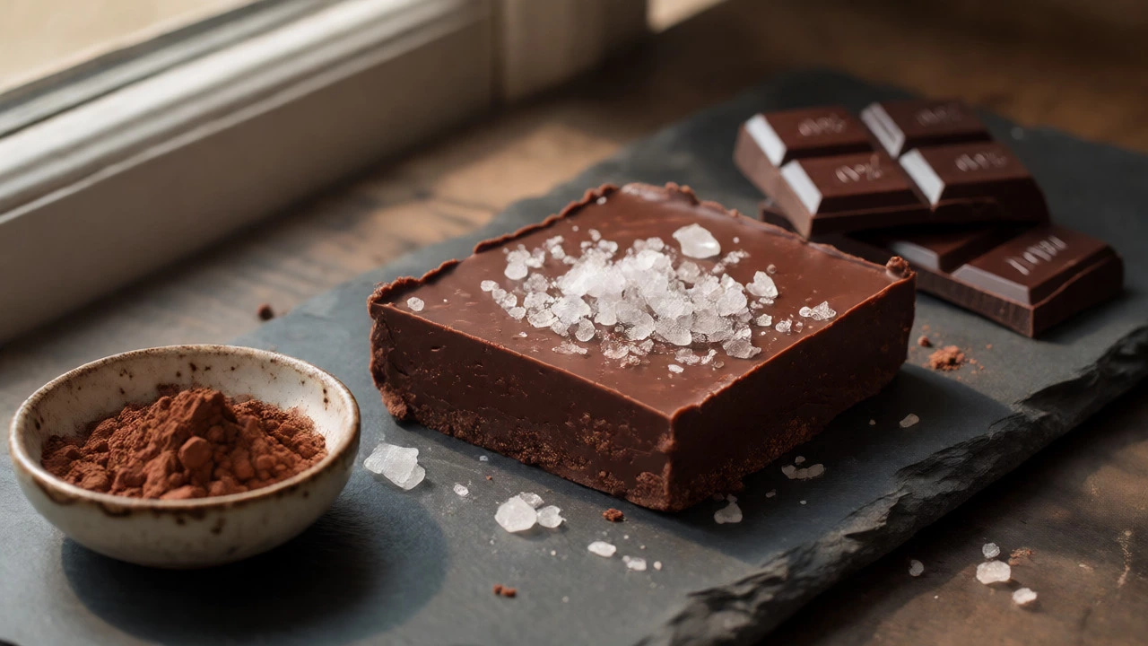 Fudge square topped with flaky sea salt and cocoa
