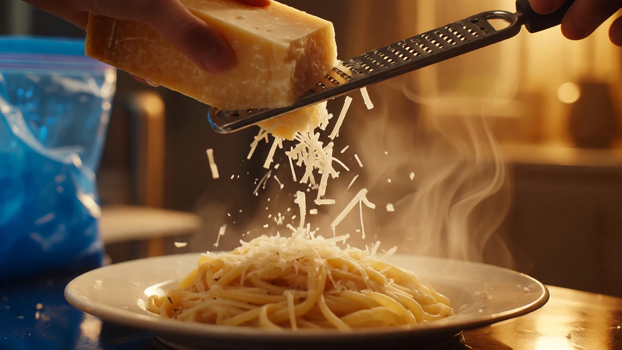 Grated Parmesan cheese falling onto hot pasta near a freezer bag