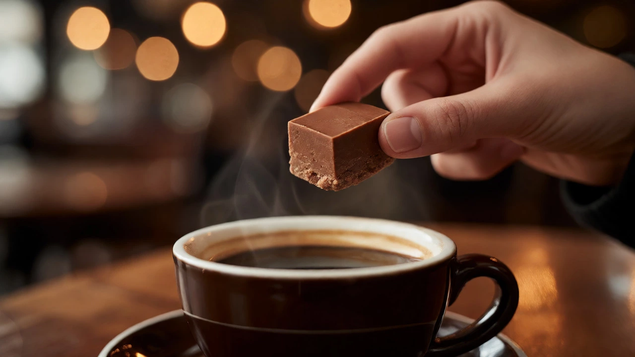 Hand holding fudge cube over steaming coffee